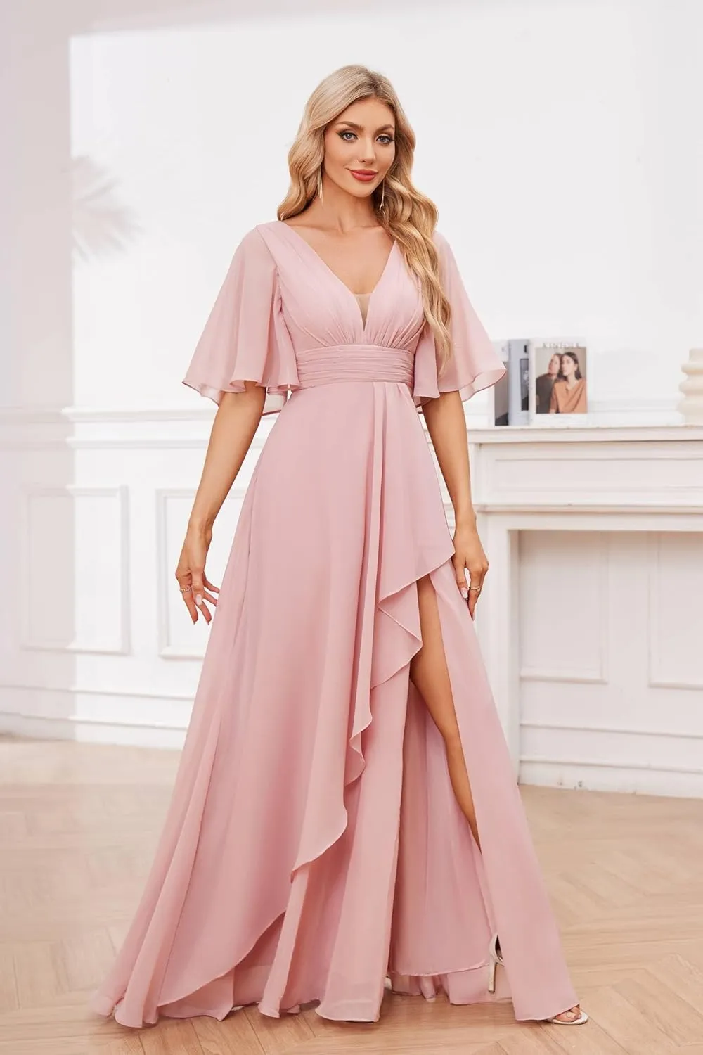 Women's Chiffon Bridesmaid Dresses for Wedding Long Ruffle A-Line Short Sleeves Formal Evening Dress with Slit