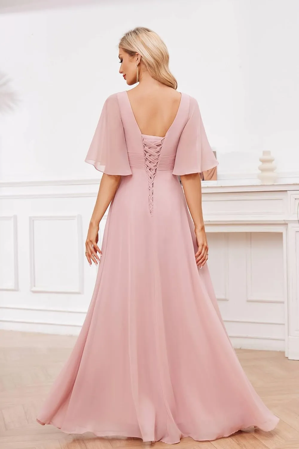Women's Chiffon Bridesmaid Dresses for Wedding Long Ruffle A-Line Short Sleeves Formal Evening Dress with Slit