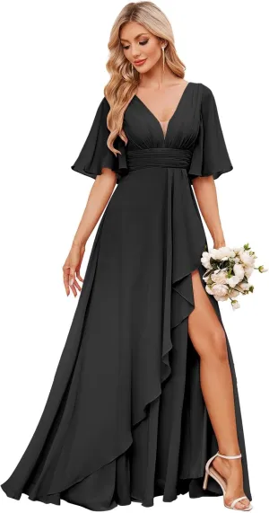 Women's Chiffon Bridesmaid Dresses for Wedding Long Ruffle A-Line Short Sleeves Formal Evening Dress with Slit