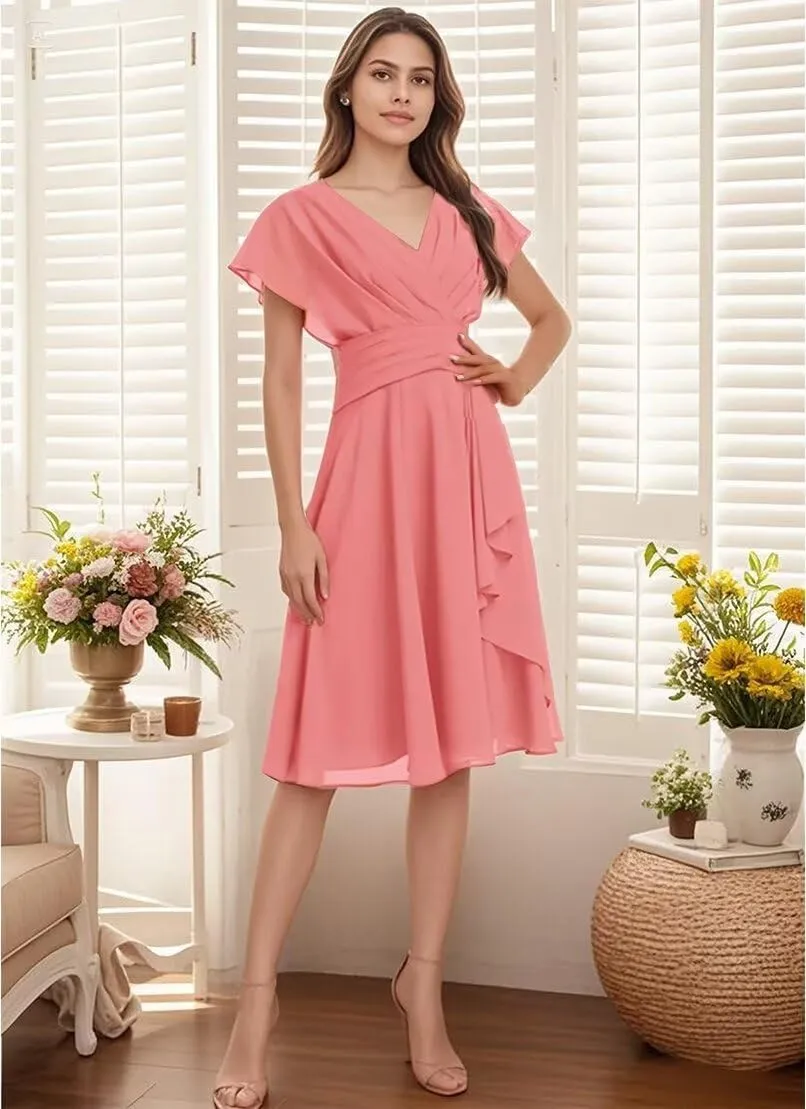 Women's Chiffon Short Bridesmaid Dresses 2025 Ruffled V Neck Short Sleeve Formal Evening Party Prom Dress with Pocket