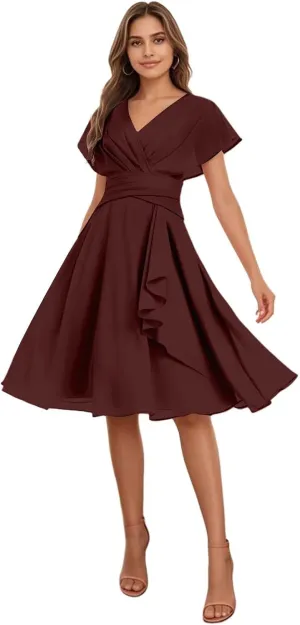 Women's Chiffon Short Bridesmaid Dresses 2025 Ruffled V Neck Short Sleeve Formal Evening Party Prom Dress with Pocket