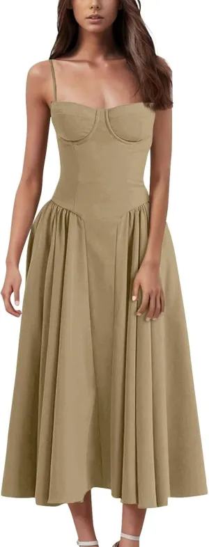 Women's Corset Dress Spaghetti Strap Bustier Midi Dress Low Cut Flowy Pleated Hem Summer Party Dresses with Pockets