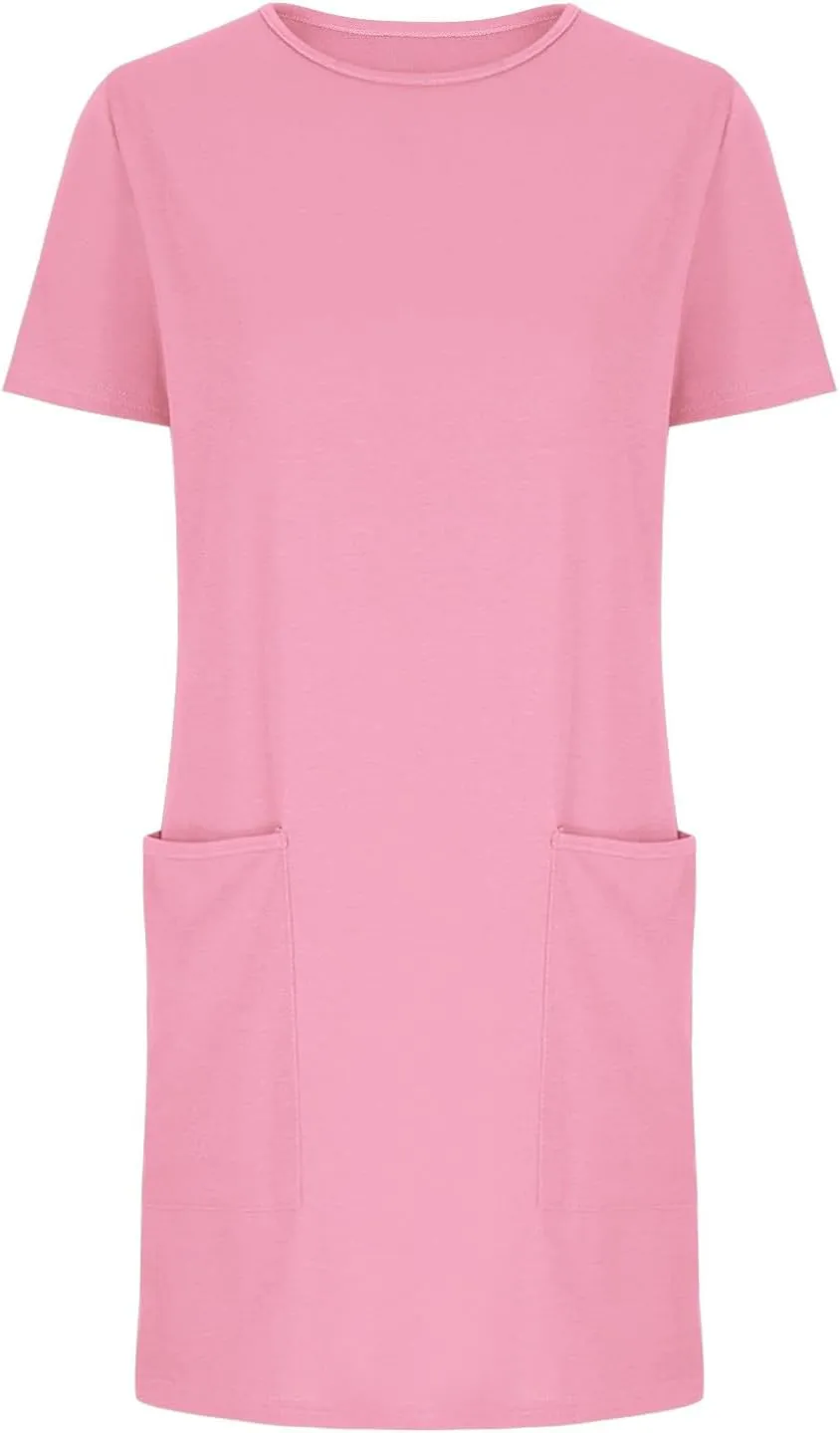 Womens Crewneck Summer Casual Sundress Simple Solid Color T Shirt Dress Comfy Loose Fit Beach Dress with Pockets