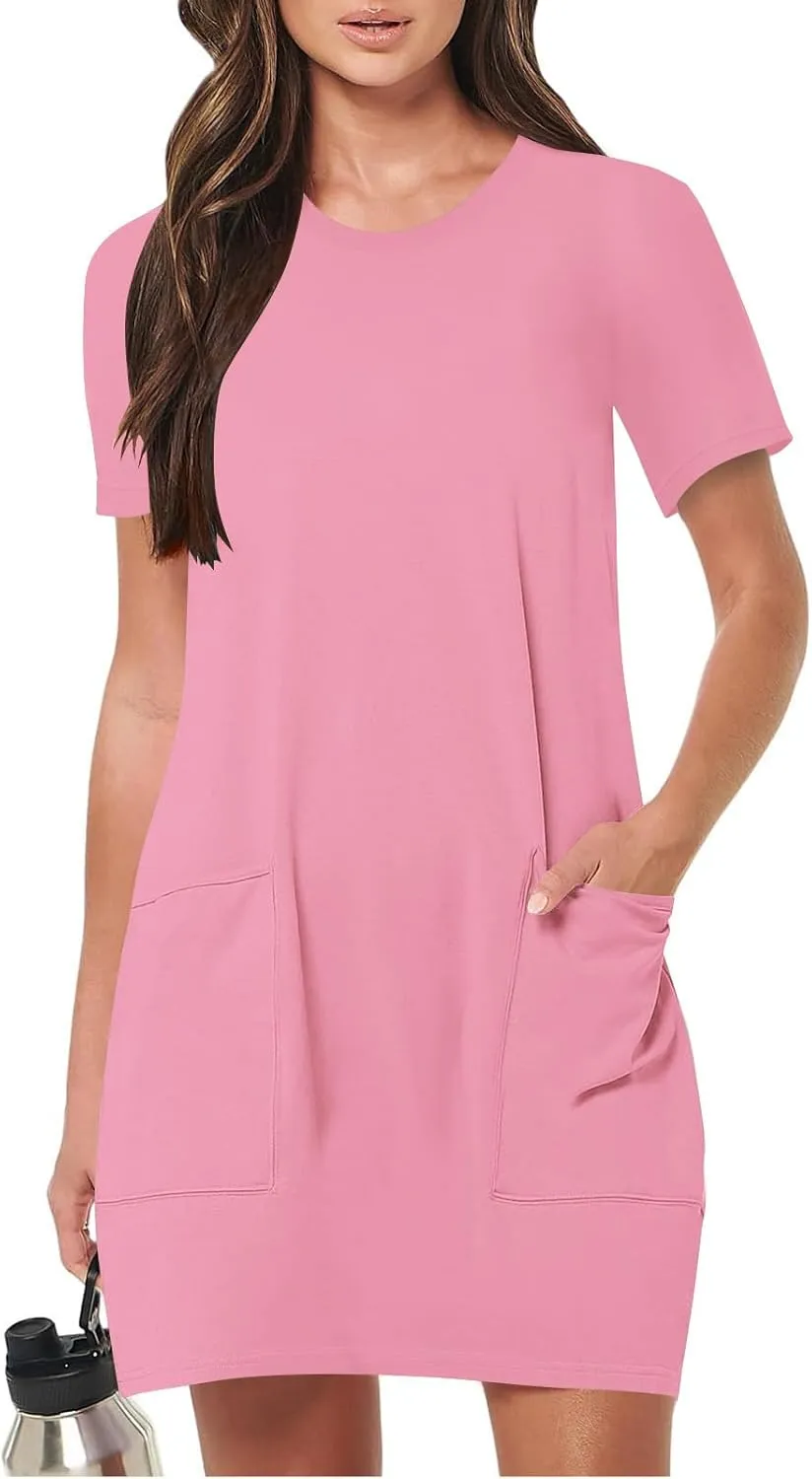 Womens Crewneck Summer Casual Sundress Simple Solid Color T Shirt Dress Comfy Loose Fit Beach Dress with Pockets
