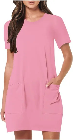 Womens Crewneck Summer Casual Sundress Simple Solid Color T Shirt Dress Comfy Loose Fit Beach Dress with Pockets