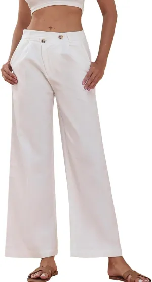 Women's Crossover Wide Leg Pants Elastic Waisted Trendy Straight Pants Asymmetrical Waist Double Button Y2K Trousers White L
