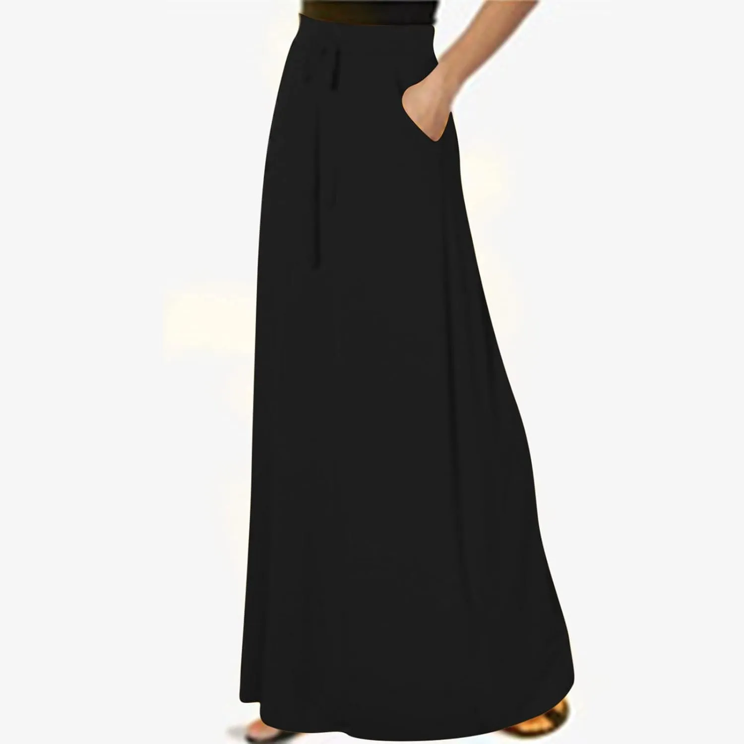 Women's Drawstring High Waist Maxi Skirts with Pockets Dressy Solid A Line Long Skirts Casual Slim Fit Pencil Skirt