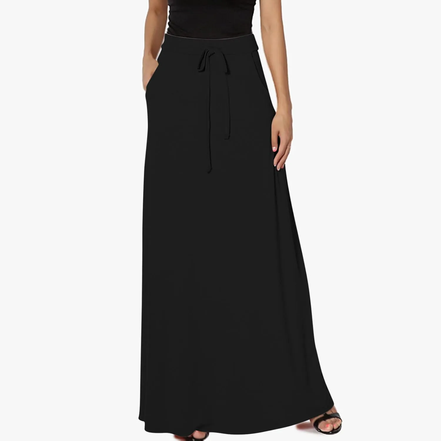 Women's Drawstring High Waist Maxi Skirts with Pockets Dressy Solid A Line Long Skirts Casual Slim Fit Pencil Skirt