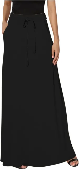 Women's Drawstring High Waist Maxi Skirts with Pockets Dressy Solid A Line Long Skirts Casual Slim Fit Pencil Skirt