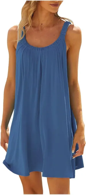 Womens Dresses Simple Solid Color Flared Sundresses Spaghetti Strap Casual Vacation Short Dresses