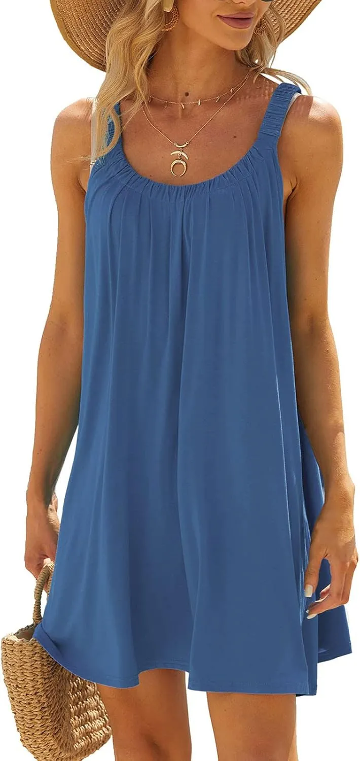 Womens Dresses Simple Solid Color Flared Sundresses Spaghetti Strap Casual Vacation Short Dresses