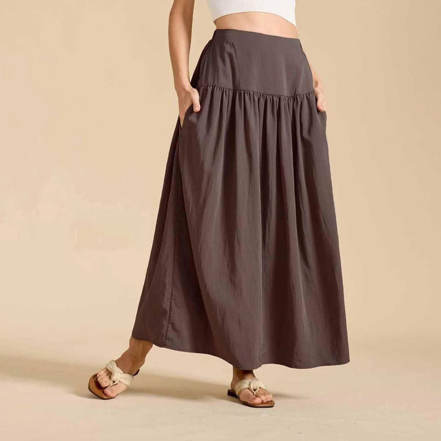 Women's Elastic High Waisted Skirts Summer Pleated Boho Maxi Long Skirts Casual Trendy Flowy Swing A-line Midi Skirt