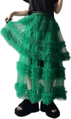 Women's Elastic Waist Puffy Long Skirt Tiered Layered Mesh Ballet Prom Party Tulle Tutu A-line Long Skirt