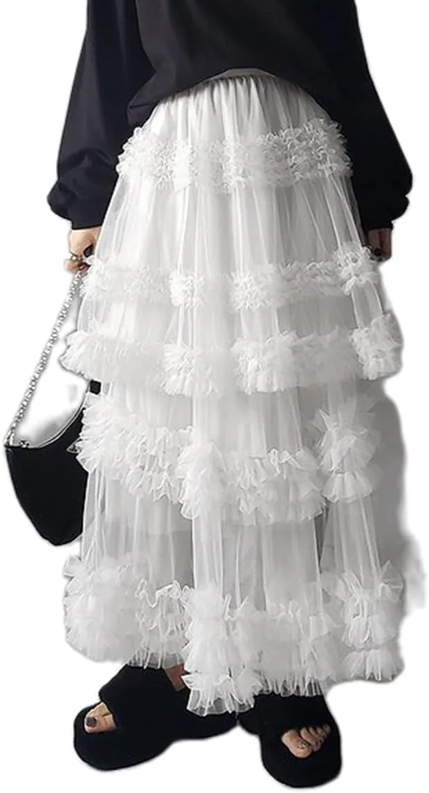 Women's Elastic Waist Puffy Long Skirt Tiered Layered Mesh Ballet Prom Party Tulle Tutu A-line Long Skirt