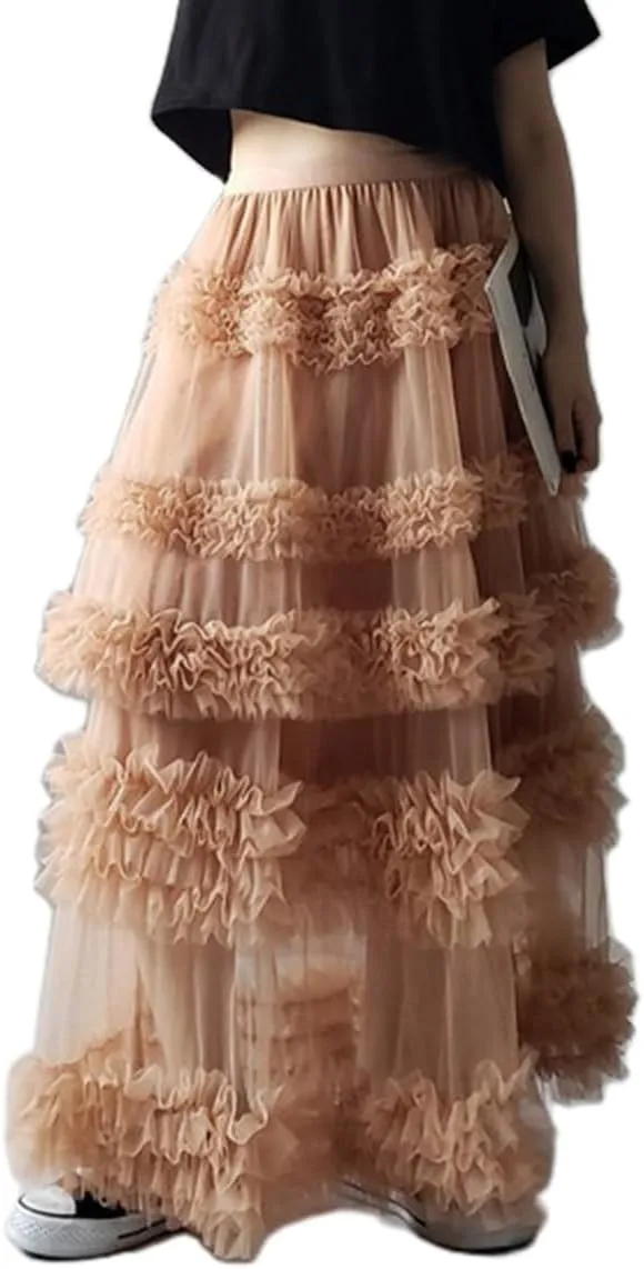 Women's Elastic Waist Puffy Long Skirt Tiered Layered Mesh Ballet Prom Party Tulle Tutu A-line Long Skirt