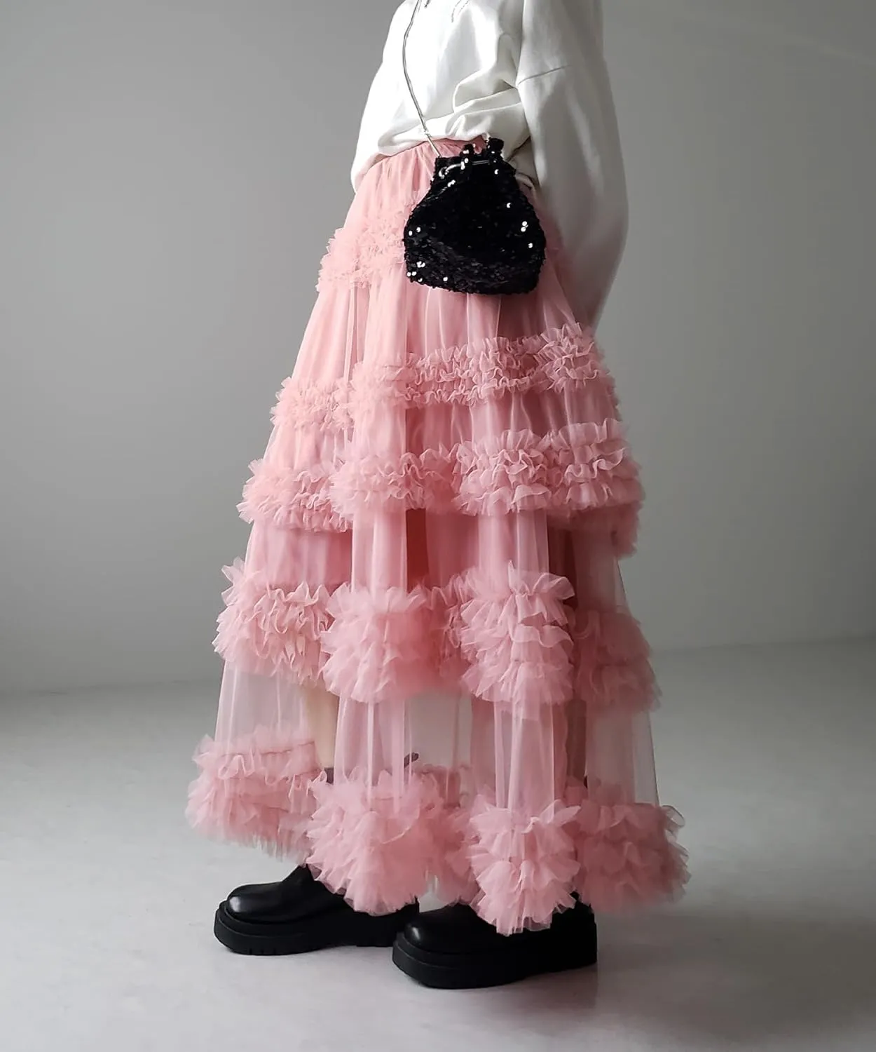 Women's Elastic Waist Puffy Long Skirt Tiered Layered Mesh Ballet Prom Party Tulle Tutu A-line Long Skirt