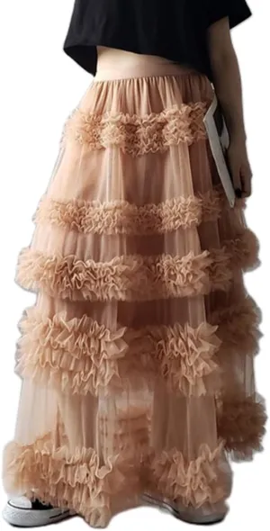 Women's Elastic Waist Puffy Long Skirt Tiered Layered Mesh Ballet Prom Party Tulle Tutu A-line Long Skirt