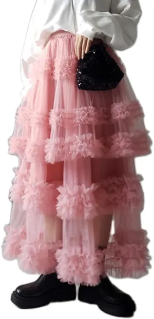 Women's Elastic Waist Puffy Long Skirt Tiered Layered Mesh Ballet Prom Party Tulle Tutu A-line Long Skirt