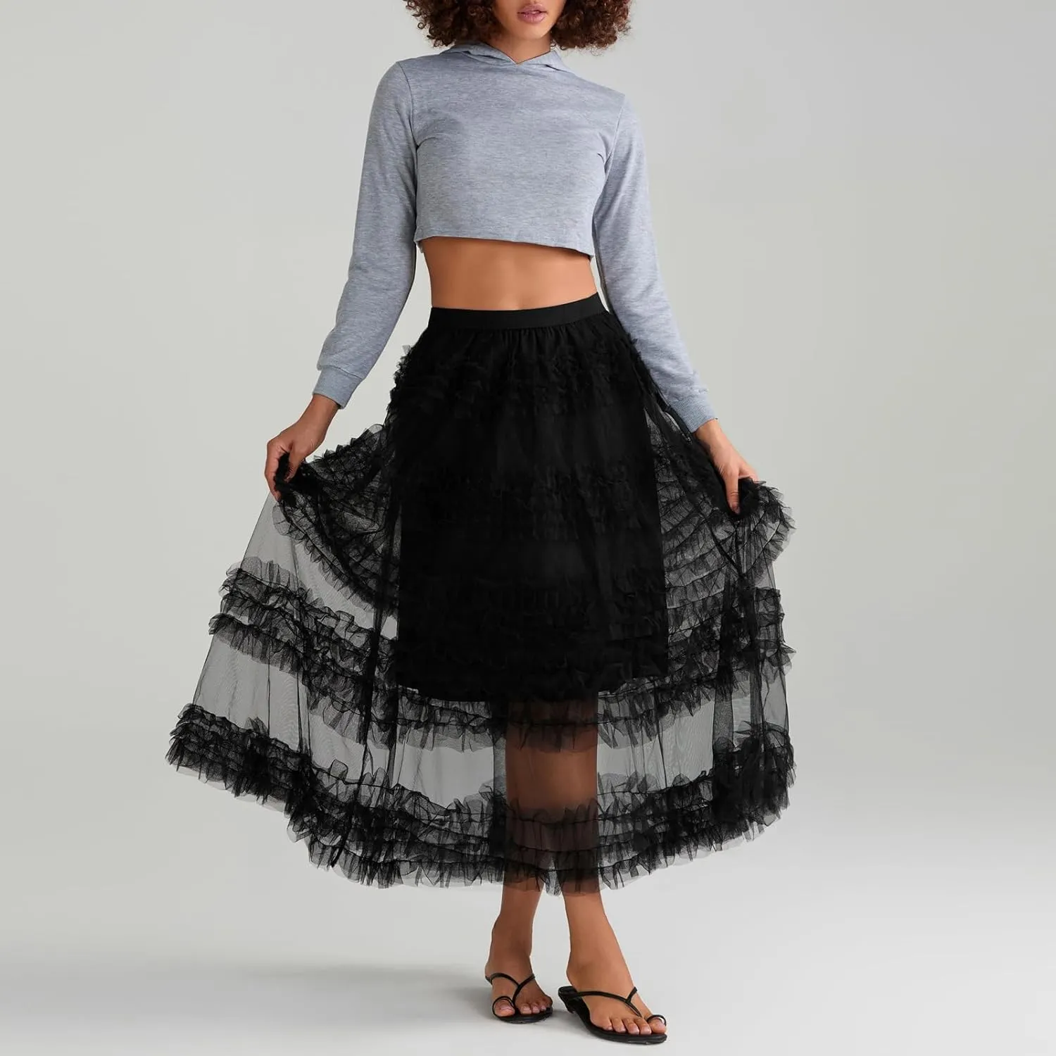 Women's Elastic Waist Puffy Long Skirt Tiered Layered Mesh Ballet Prom Party Tulle Tutu A-line Long Skirt