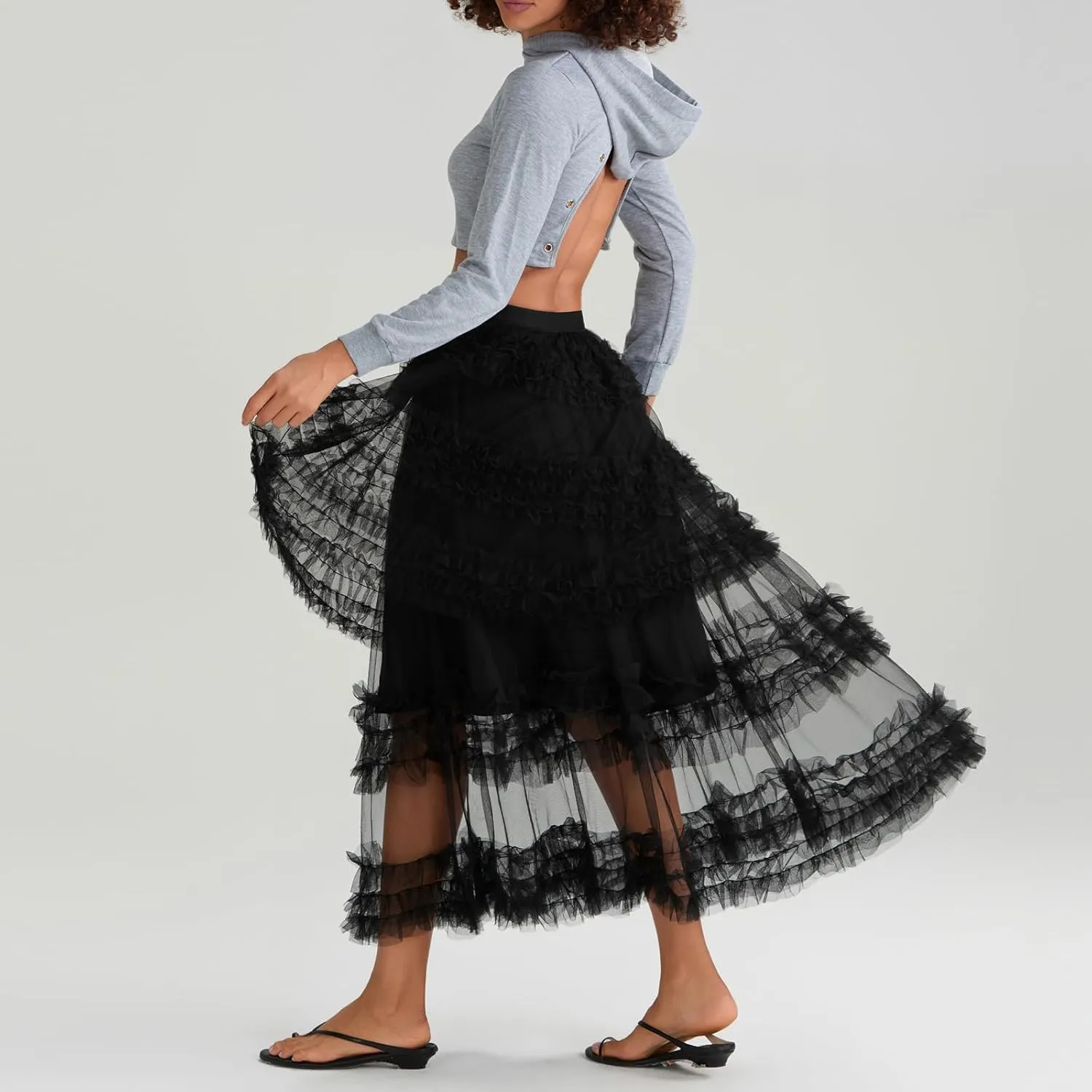 Women's Elastic Waist Puffy Long Skirt Tiered Layered Mesh Ballet Prom Party Tulle Tutu A-line Long Skirt
