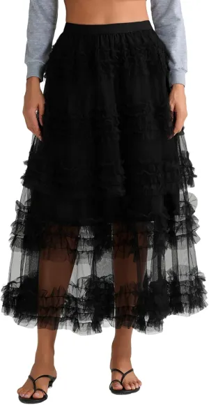 Women's Elastic Waist Puffy Long Skirt Tiered Layered Mesh Ballet Prom Party Tulle Tutu A-line Long Skirt