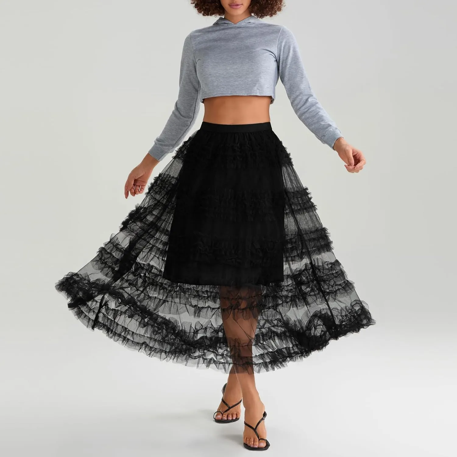 Women's Elastic Waist Puffy Long Skirt Tiered Layered Mesh Ballet Prom Party Tulle Tutu A-line Long Skirt