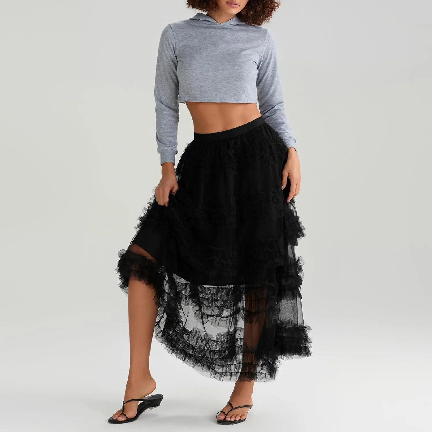 Women's Elastic Waist Puffy Long Skirt Tiered Layered Mesh Ballet Prom Party Tulle Tutu A-line Long Skirt