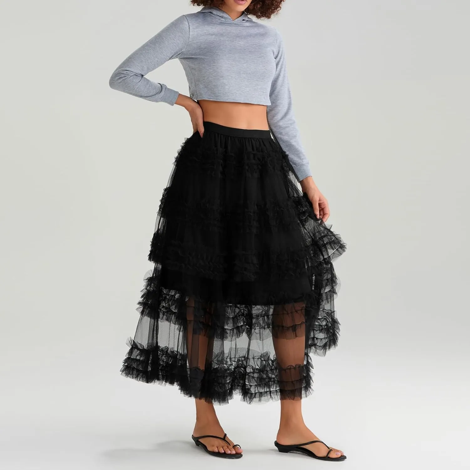 Women's Elastic Waist Puffy Long Skirt Tiered Layered Mesh Ballet Prom Party Tulle Tutu A-line Long Skirt