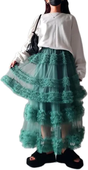 Women's Elastic Waist Puffy Long Skirt Tiered Layered Mesh Ballet Prom Party Tulle Tutu A-line Long Skirt