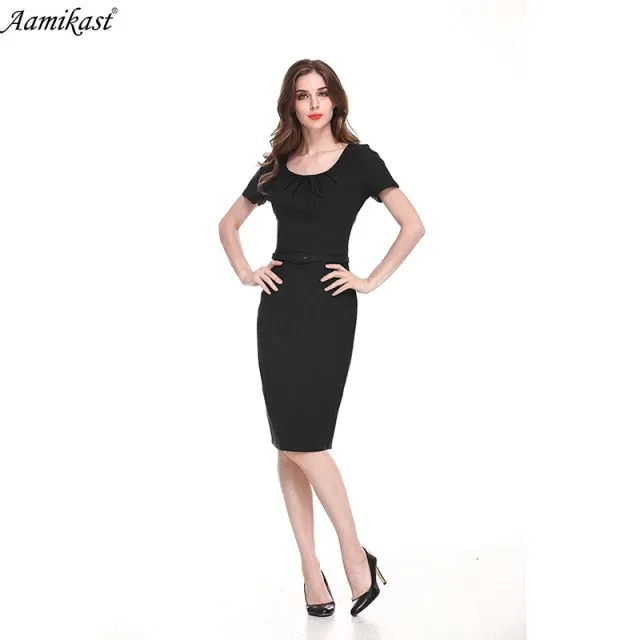 Womens Elegant Short Sleevele Belted Wear To Work Office Business Party Casual Summer Bodycon Slim Fitted Pencil Dress