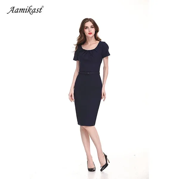 Womens Elegant Short Sleevele Belted Wear To Work Office Business Party Casual Summer Bodycon Slim Fitted Pencil Dress