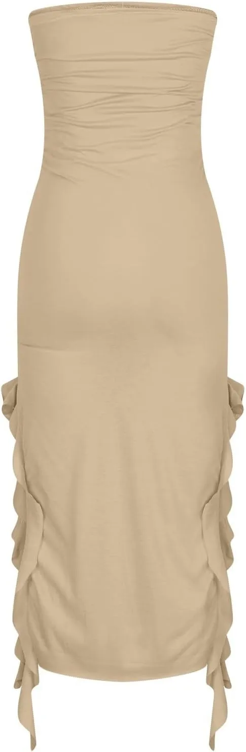 Women's Fashion Dresses Strapless Sexy Wrap Summer Casual Dress Solid Beach Vacation Maxi Bodycon Dresses