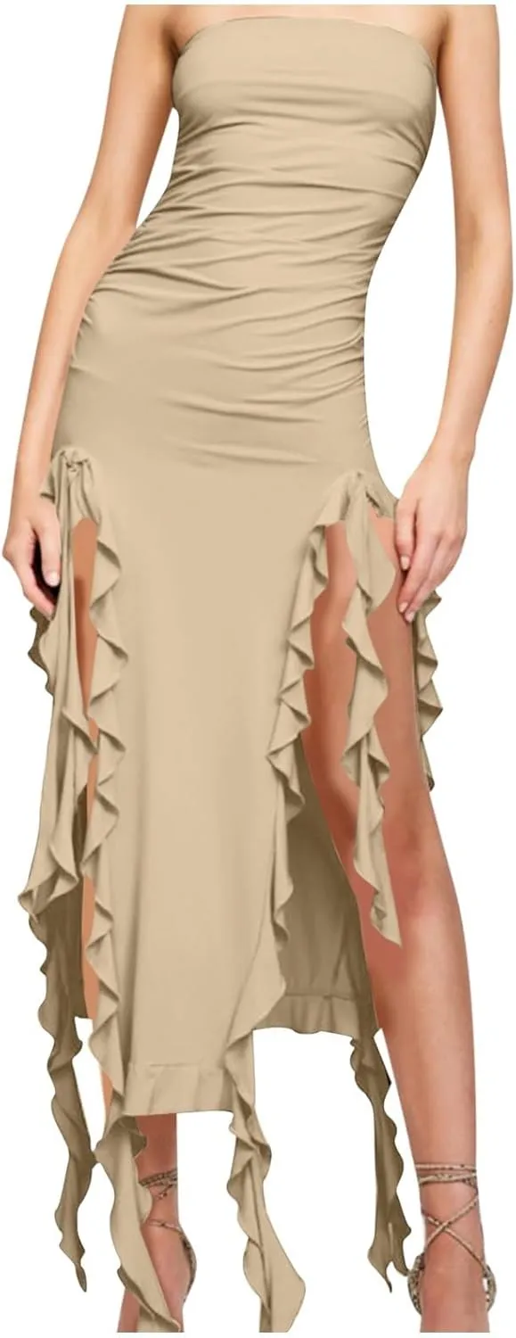 Women's Fashion Dresses Strapless Sexy Wrap Summer Casual Dress Solid Beach Vacation Maxi Bodycon Dresses