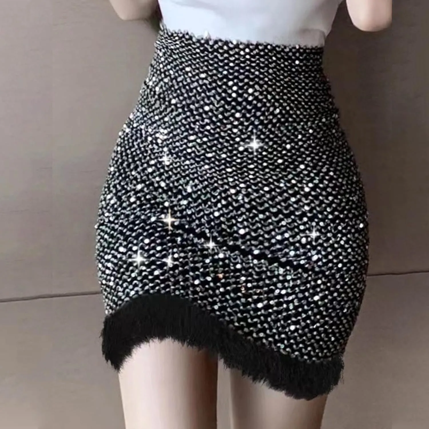 Women's Faux Fur Hem Sequin Pencil Skirt Winter High Waist Bodycon Mini Skirts Sexy Glitter Cocktail Party Skirt