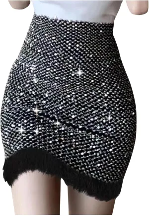 Women's Faux Fur Hem Sequin Pencil Skirt Winter High Waist Bodycon Mini Skirts Sexy Glitter Cocktail Party Skirt