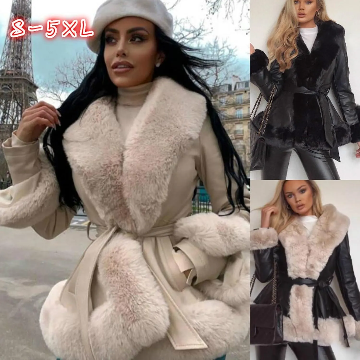 Womens Faux Leather Coat with Fur, Winter Warm Belted Mid Length Trim Jacket Fur Lined, Fur Jackets for Women(Brown,2XL)