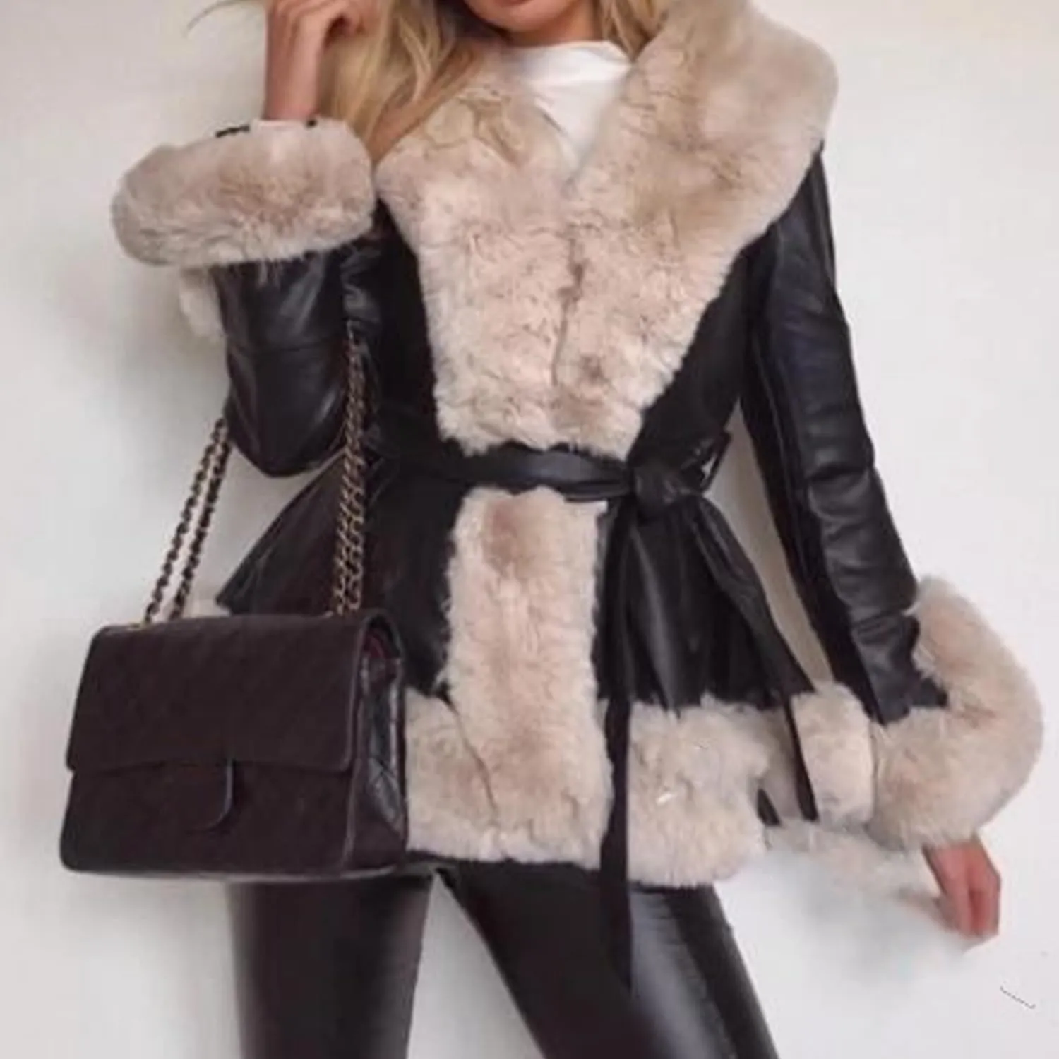 Womens Faux Leather Coat with Fur, Winter Warm Belted Mid Length Trim Jacket Fur Lined, Fur Jackets for Women(Brown,2XL)