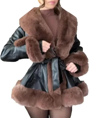 Womens Faux Leather Coat with Fur, Winter Warm Belted Mid Length Trim Jacket Fur Lined, Fur Jackets for Women(Brown,2XL)