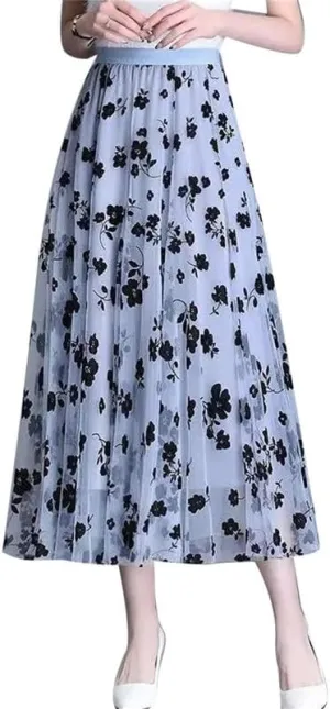 Womens Floral Pleated Tulle Skirt High Waisted A-Line Tiered Mesh Skirts Elegant Sheer Midi Skirts