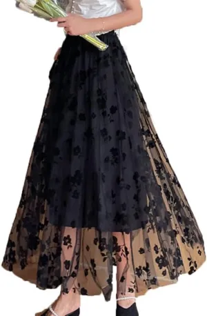 Womens Floral Pleated Tulle Skirt High Waisted A-Line Tiered Mesh Skirts Elegant Sheer Midi Skirts