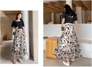 Womens Floral Pleated Tulle Skirt High Waisted A-Line Tiered Mesh Skirts Elegant Sheer Midi Skirts