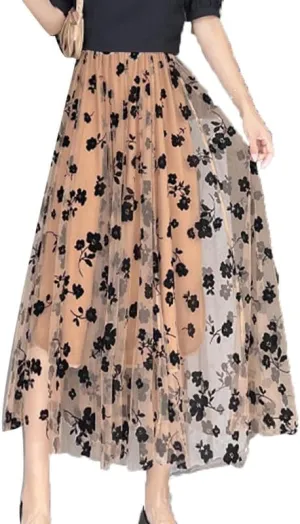 Womens Floral Pleated Tulle Skirt High Waisted A-Line Tiered Mesh Skirts Elegant Sheer Midi Skirts
