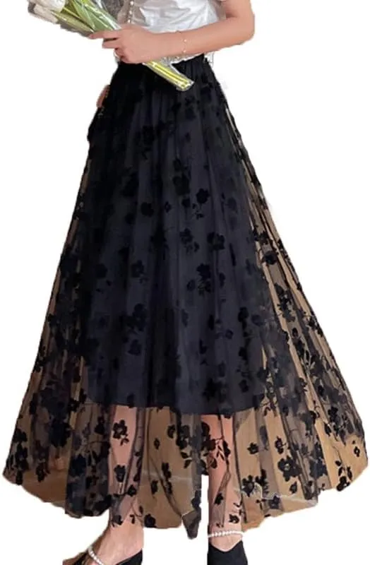 Womens Floral Pleated Tulle Skirt High Waisted A-Line Tiered Mesh Skirts Elegant Sheer Midi Skirts
