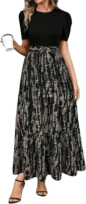Women's Floral Printed Ruffle Short Sleeve Maxi Dress Casual Long Flowy Dresses 2025 Summer Dresses with Pockets