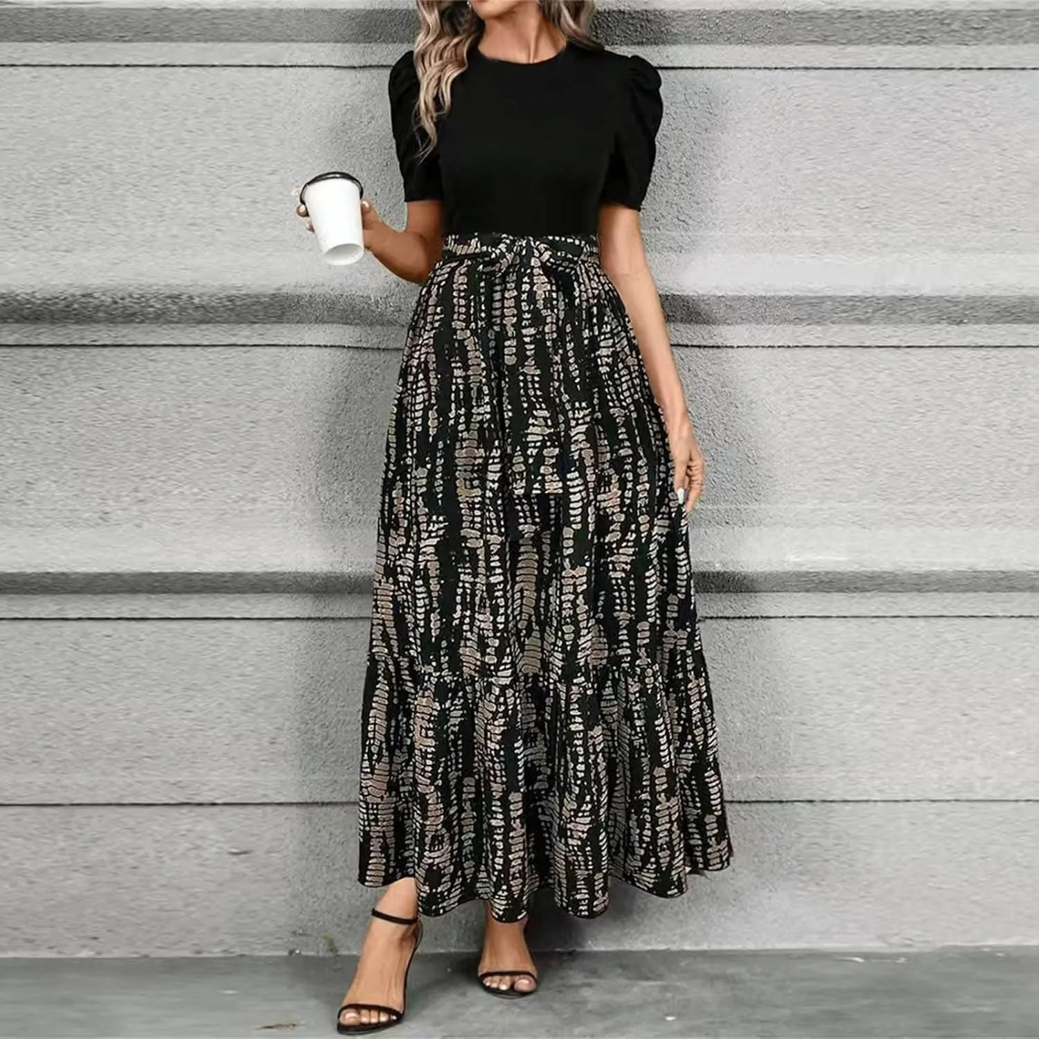 Women's Floral Printed Ruffle Short Sleeve Maxi Dress Casual Long Flowy Dresses 2025 Summer Dresses with Pockets