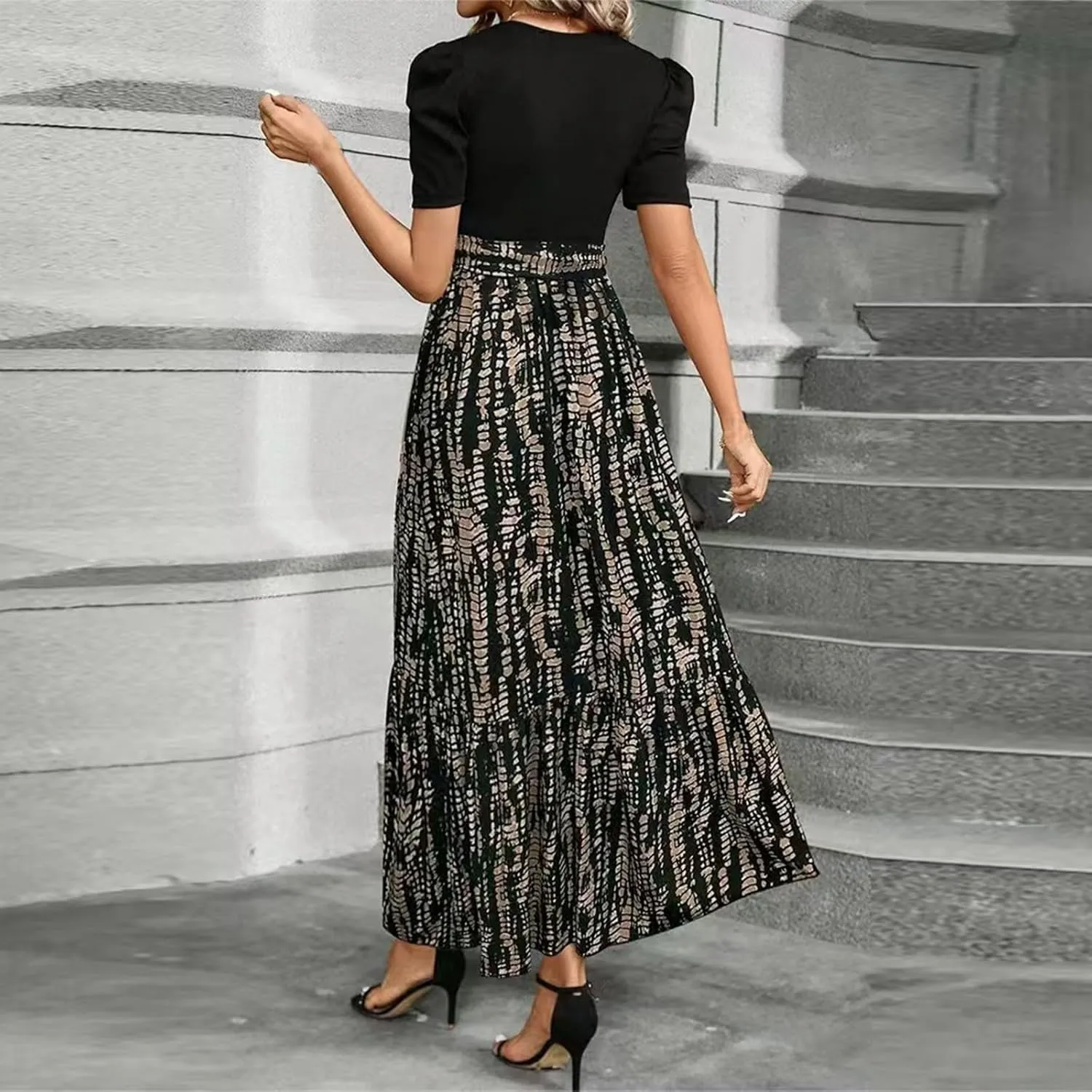 Women's Floral Printed Ruffle Short Sleeve Maxi Dress Casual Long Flowy Dresses 2025 Summer Dresses with Pockets