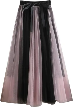 Women's Flowy Tulle Pleated Skirt Cute Bowtie High Waist Midi Length Skirts Color Block Tutu Skirt
