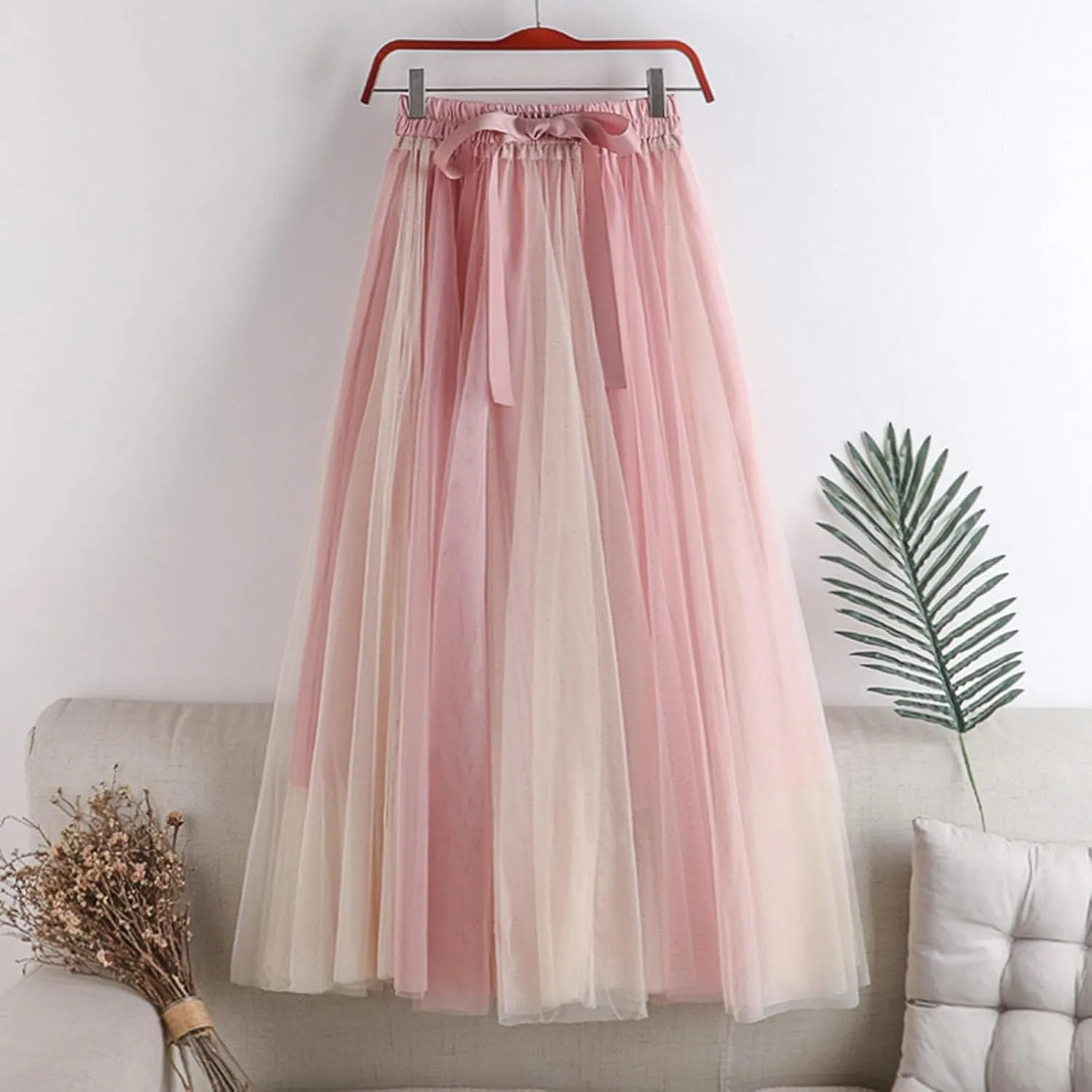 Women's Flowy Tulle Pleated Skirt Cute Bowtie High Waist Midi Length Skirts Color Block Tutu Skirt