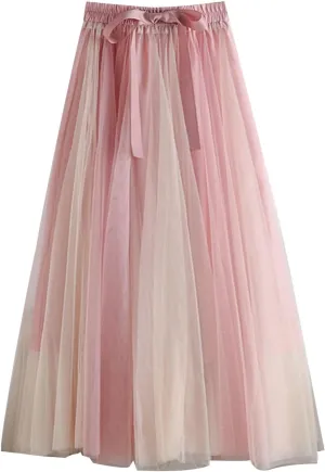 Women's Flowy Tulle Pleated Skirt Cute Bowtie High Waist Midi Length Skirts Color Block Tutu Skirt