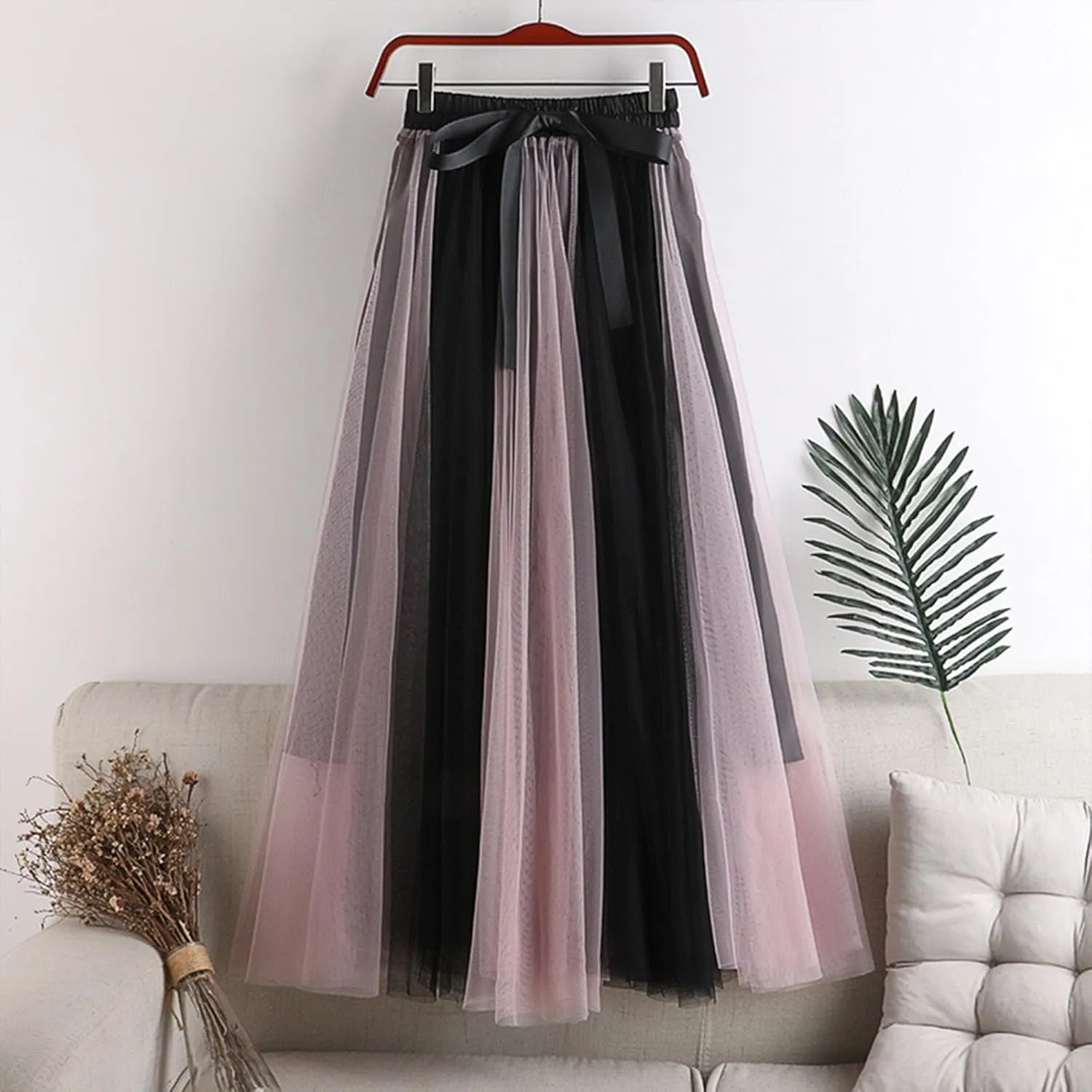 Women's Flowy Tulle Pleated Skirt Cute Bowtie High Waist Midi Length Skirts Color Block Tutu Skirt